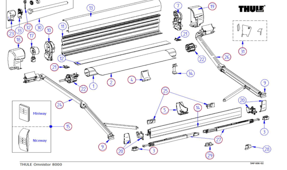 Reservedel markise L-H. spring arm compl. 8000 OMN
